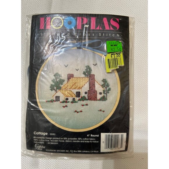 4" Round Golden Bee Cottage Cross-Stitch Kit With Hoop Thread & Instructions Inc - Picture 1 of 2